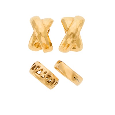 Lot 2236 - Pair of Gold 'X' Earrings and Two Gold Band Rings