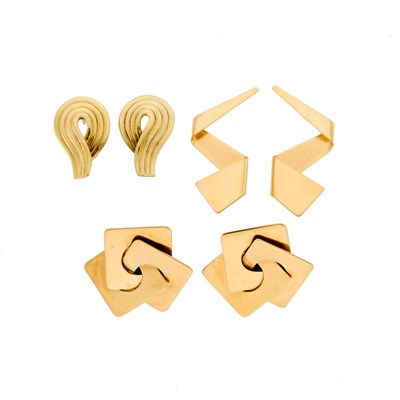 Lot 2219 - Three Pairs of Gold Earrings