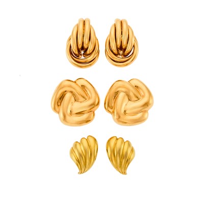 Lot 2227 - Three Pairs of Gold and Rose Gold Earrings