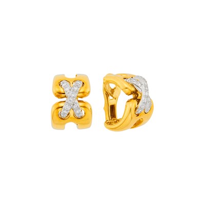 Lot 1097 - Pair of Gold, Platinum and Diamond Half-Hoop Earrings