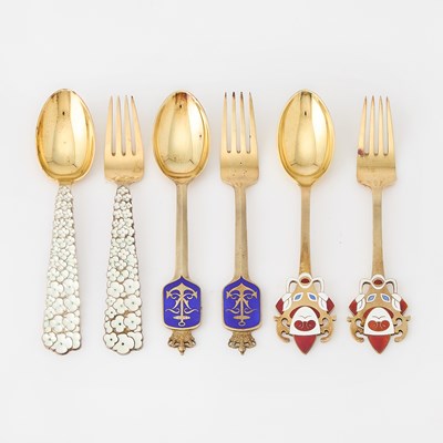 Lot 784 - Set of Danish Sterling Silver, Silver Gilt and Enamel Christmas Spoons and Forks