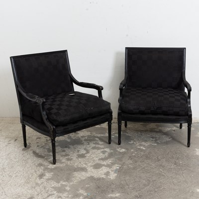 Lot 350 - Pair of Louis XVI Style Black Painted Fauteuils