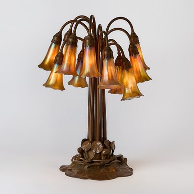 Lot Tiffany Studios Bronze and Favrile Glass Twelve-Light Pond Lily Lamp
