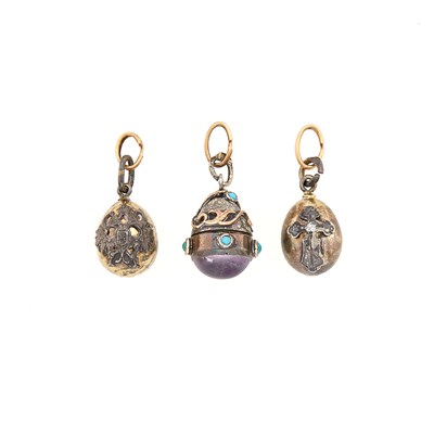 Lot 203 - Group of Three Russian and Russian Style Silver Pendant Eggs