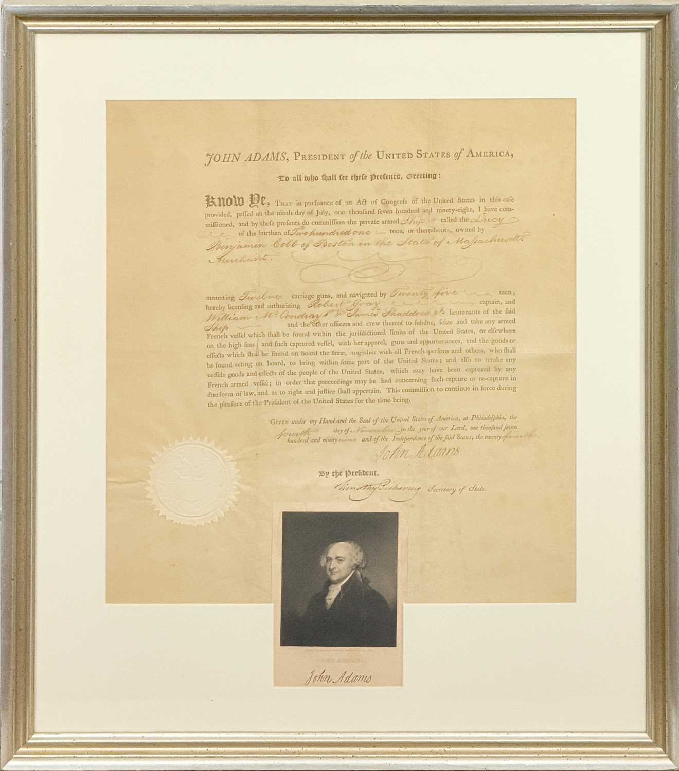 Lot 1 - A John Adams Letter of Marque for a privateering voyage captained by Robert Gray