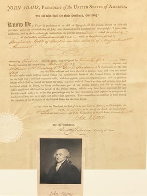 Lot 1 - A John Adams Letter of Marque for a privateering voyage captained by Robert Gray