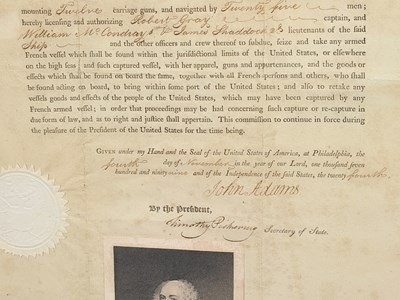 Lot 1 - A John Adams Letter of Marque for a privateering voyage captained by Robert Gray