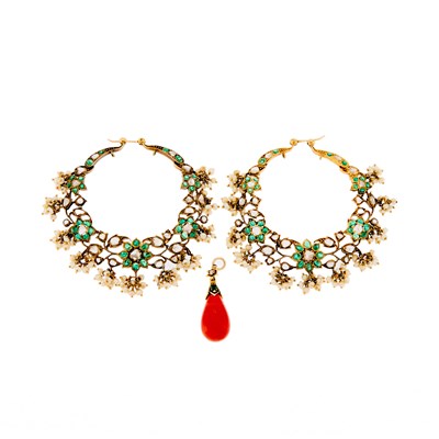 Lot 2069 - Pair of Gold, Emerald and Seed Pearl Hoop Earrings and Coral and Emerald Pendant, India