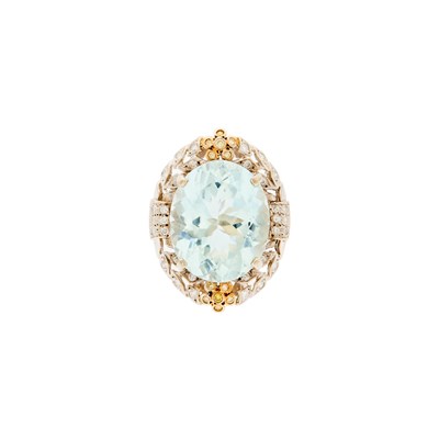 Lot 2084 - Two-Color Gold, Aquamarine, Diamond and Colored Diamond Ring