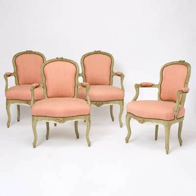Lot 454 - Set of Four Louis XV Green Painted and Carved Wood Fauteuils en Cabriolets