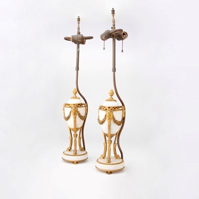 Lot 119 - Pair of Louis XVI Style Gilt-Metal Mounted Marble Lamps