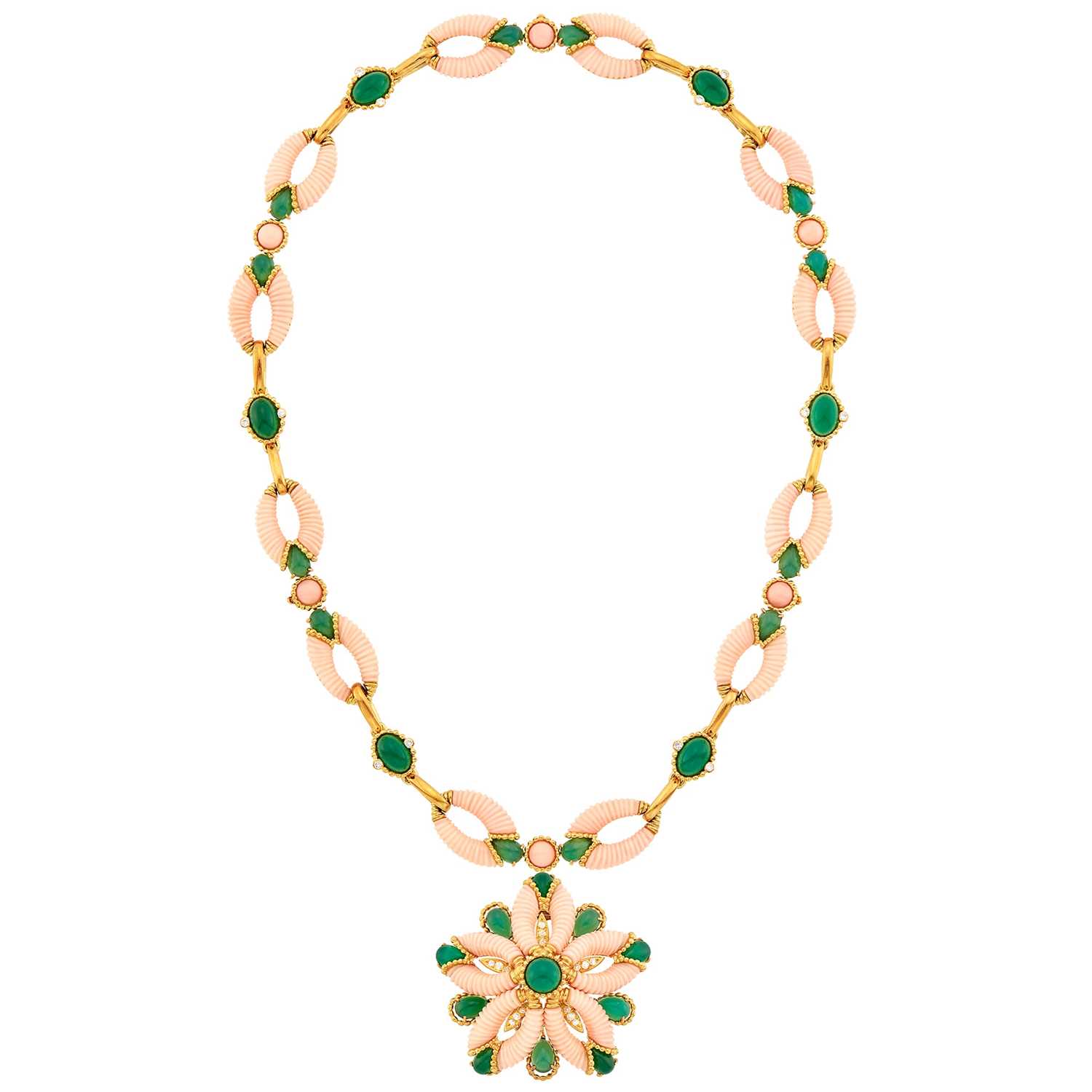 Lot 196 - Cartier Gold, Carved Angel Skin Coral and Green Onyx Pendant-Necklace/Bracelets Combination