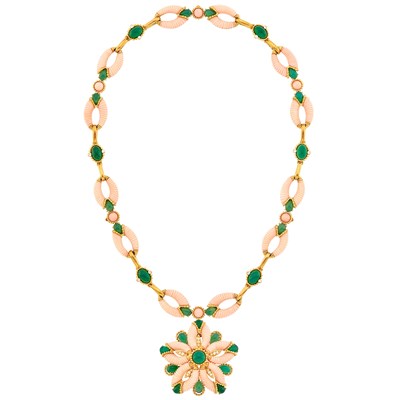 Lot 196 - Cartier Gold, Carved Angel Skin Coral and Green Onyx Pendant-Necklace/Bracelets Combination