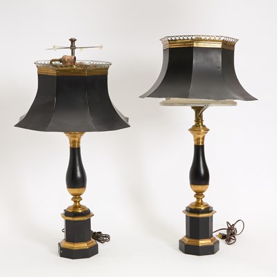 Lot 37 - Pair of French Patinated Metal and Brass Lamps