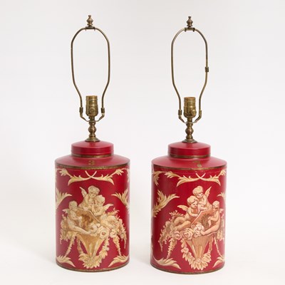 Lot 35 - Pair of Paint Decorated Tole Tea Canister Form Lamps
