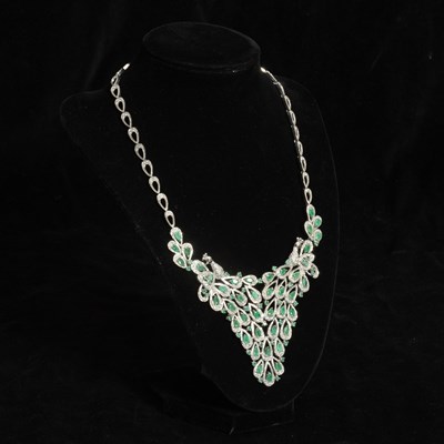Lot 328 - Sterling Silver, Emerald, and Diamond Peacock Necklace