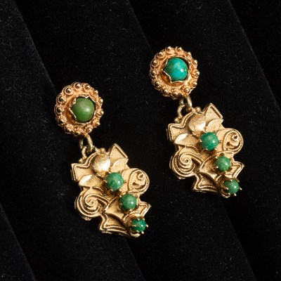 Lot 335 - Pair of 14KT Gold and Turquoise Pendant-Earrings