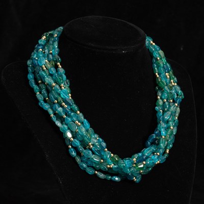 Lot 337 - Multistrand Apatite and Gold Bead Torsade Necklace with Gold Clasp
