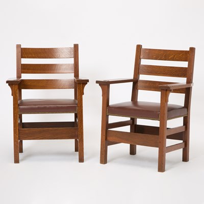 Lot 256 - Pair of Gustav Stickley Upholstered Oak Open Armchairs