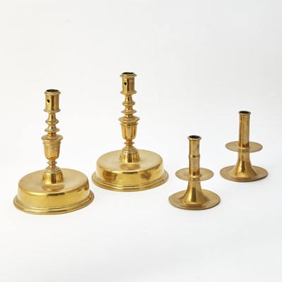 Lot 357 - Two Pairs of Early Brass Candlesticks