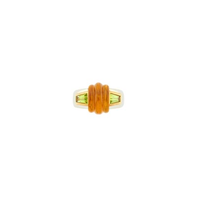 Lot 69 - Bulgari Two-Color Gold, Carved Citrine and Peridot Ring