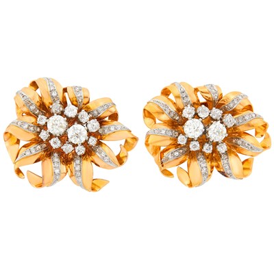 Lot 106 - Pair of Gold, Platinum and Diamond Flower Clips