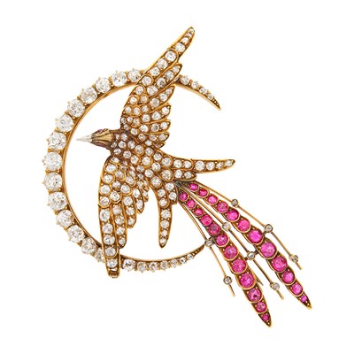 Lot 116 - Antique Gold, Ruby and Diamond Swallow and Crescent Brooch