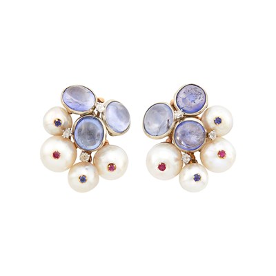 Lot 105 - Seaman Schepps Pair of Two-Color Gold, Cabochon Sapphire, Cultured Pearl, Gem-Set and Diamond Earclips