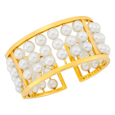 Lot 33 - Assael Gold and Cultured Pearl Abacus Cuff Bangle Bracelet