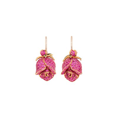 Lot 67 - Michele della Valle Pair of Rose Gold, Pink Sapphire and Tsavorite Garnet 'Roselline' Pendant-Earrings