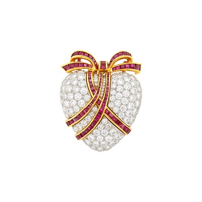 Lot 229 - Oscar Heyman Brothers Platinum, Gold, Diamond and Ruby Heart Pendant-Brooch