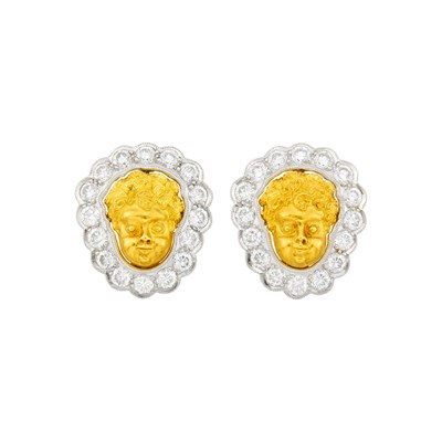 Lot 1141 - Anthony Lent Pair of Gold, High Karat Gold, Platinum and Diamond Putti Earclips