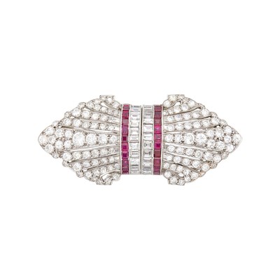 Lot 1204 - Platinum, Diamond and Ruby Double Clip-Brooch