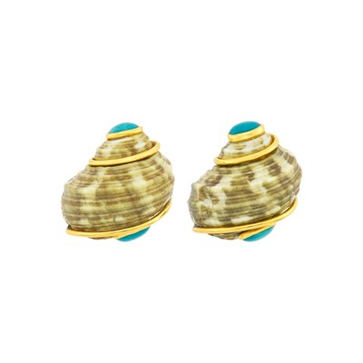 Lot 1136 - Seaman Schepps Pair of Gold, Shell and Turquoise Pair of 'Turbo Shell' Earclips