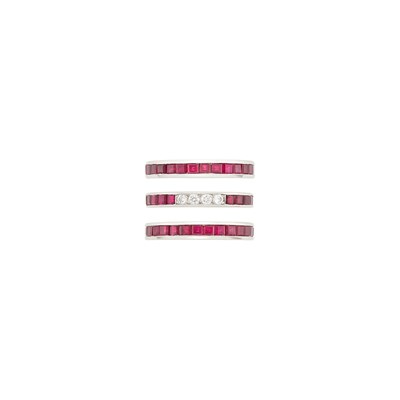 Lot 1073 - Tiffany & Co. Three Platinum, Ruby and Diamond Band Rings