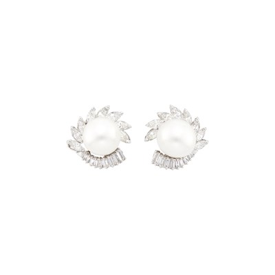 Lot 249 - Boucheron Paris Pair of Platinum, South Sea Cultured Pearl and Diamond Earclips