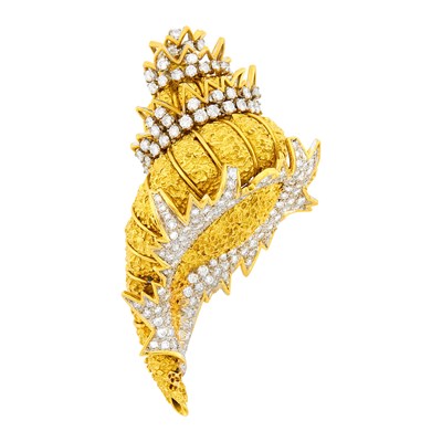 Lot 98 - Jack Gutschneider Jewelry Co. Two-Color Gold and Diamond Seashell Clip-Brooch
