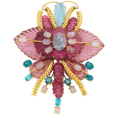 Lot 74 - Tony Duquette Gold, Carved Pink Tourmaline, Gem-Set and Diamond Clip-Brooch