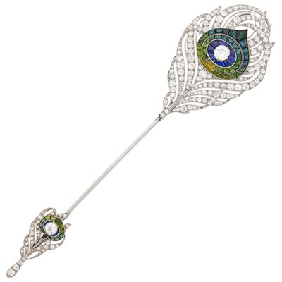 Lot 130 - Platinum, Multicolored Tourmaline, Synthetic Sapphire and Diamond Peacock Feather Jabot
