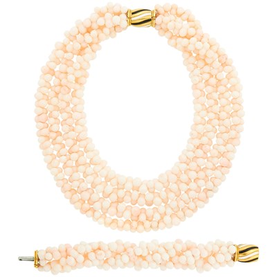 Lot 206 - Bulgari Four Strand Angel Skin Coral Bead Torsade Necklace with Gold and Black and White Enamel Clasp and Triple Strand Bracelet