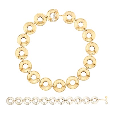 Lot 1045 - Tiffany & Co., Paloma Picasso Silver and Gold Circle Link 'Magic Disc' Necklace and Bracelet with Toggle Clasps