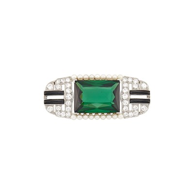 Lot 131 - Tiffany & Co. Platinum, Tourmaline, Diamond, Pearl and Black Enamel Brooch