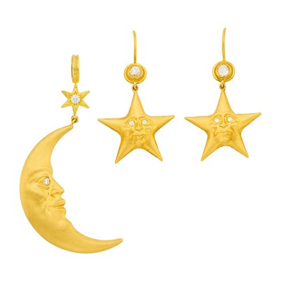 Lot 1114 - Attributed to Anthony Lent Gold and Diamond Crescent Moon Pendant and Pair of Star Pendant-Earrings