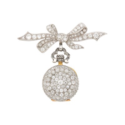 Lot 1201 - Platinum and Diamond Bow Lapel-Watch