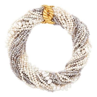 Lot 1131 - Verdura Multistrand Gray and White Freshwater Pearl Torsade Necklace with Gold Clasp