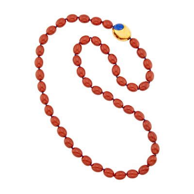 Lot 1041 - Tiffany & Co. Long Jasper Bead Necklace with Gold and Lapis Bead