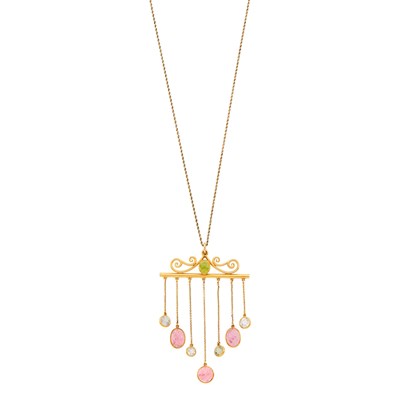 Lot 2056 - Antique Gold and Gem-Set Fringe Pendant with Long Chain Necklace