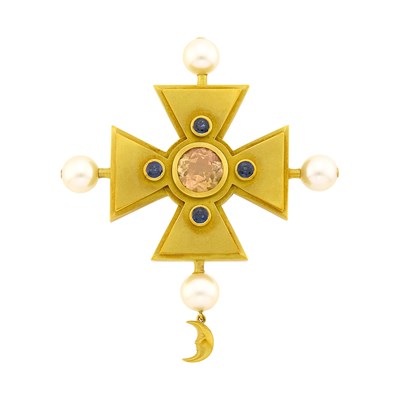 Lot 11 - Barry Kieselstein-Cord Gold, Topaz, Sapphire and Cultured Pearl Maltese Cross Clip-Brooch