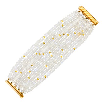 Lot 72 - Verdura Multistrand White Labradorite and Gold Bead Bracelet with Fluted Gold Bar Clasp