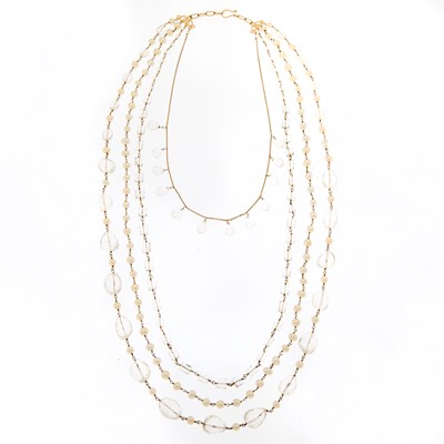Lot 2211 - Long Multistrand Gold, Cultured Pearl and Rock Crystal Briolette Necklace